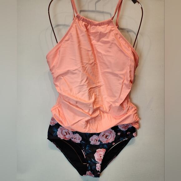 New Tempt Me Tankini 2 Piece Swimsuit Floral Print Tangerine Bathing Suit Size M - Picture 2 of 11